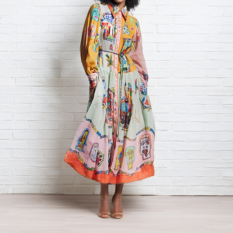 Vestido vintage con estampado de manga farol y cintura ajustada con dobladillo grande para mujer