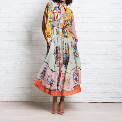 Vestido vintage con estampado de manga farol y cintura ajustada con dobladillo grande para mujer