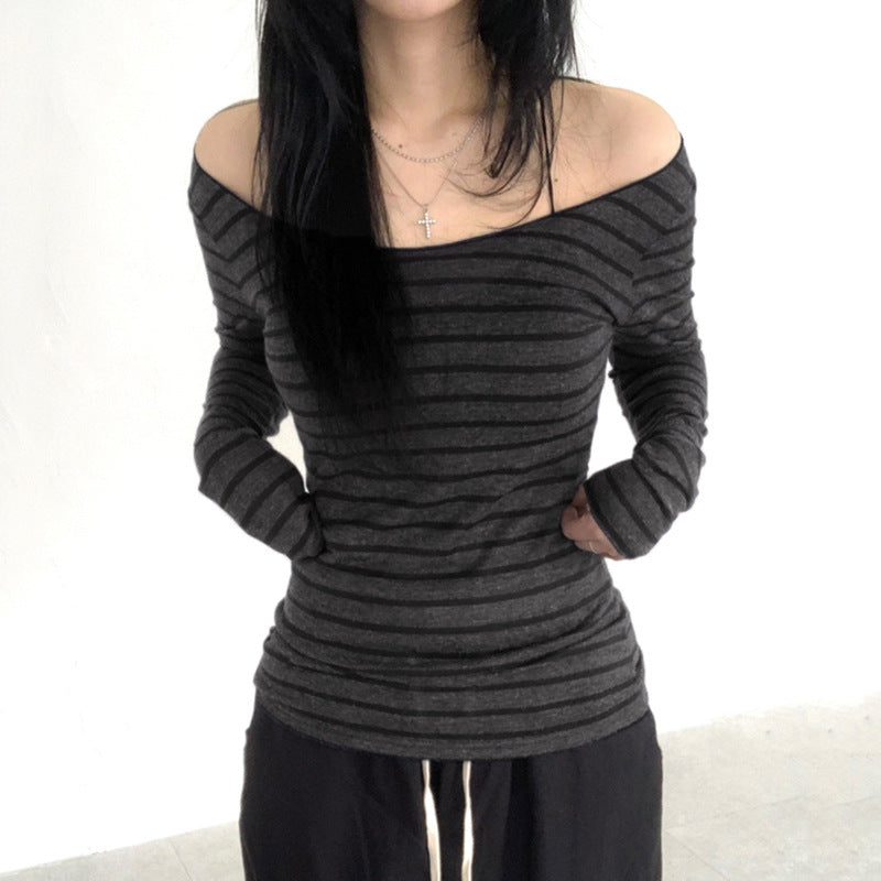 Blusa de manga larga, ligera, ajustada y a rayas con hombros descubiertos, sexy, sencilla, combinable y casual.