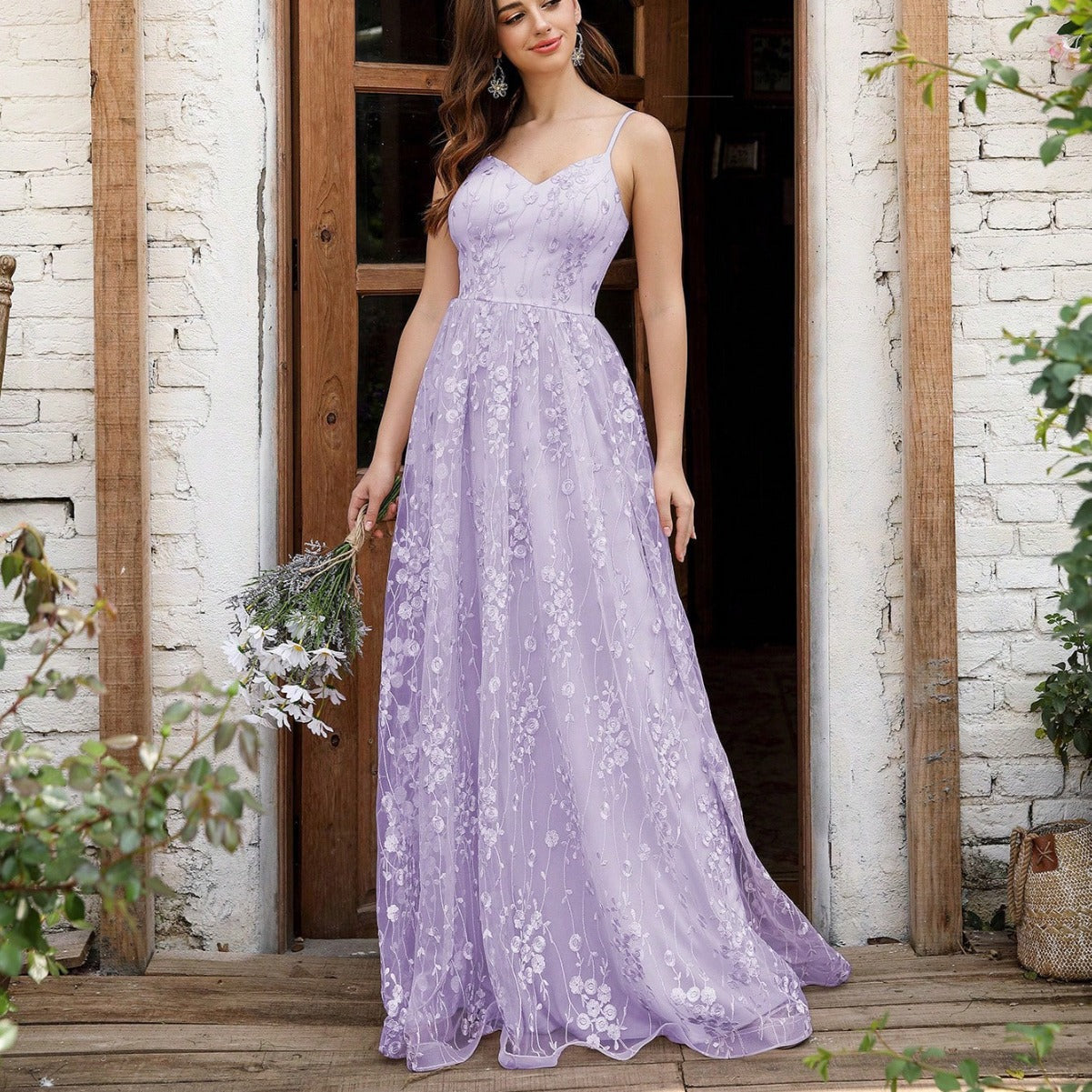 Vestido de noche con escote en V y tirantes, de malla bordada, sin espalda, elegante, para baile, fiesta, dama de honor.