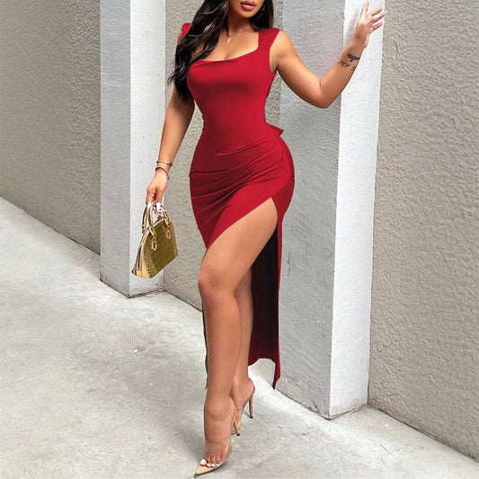 Women Clothing Elegant Sexy Bright Red Dress Spring Summer Backless Hip Wrapped Mid Length Dress