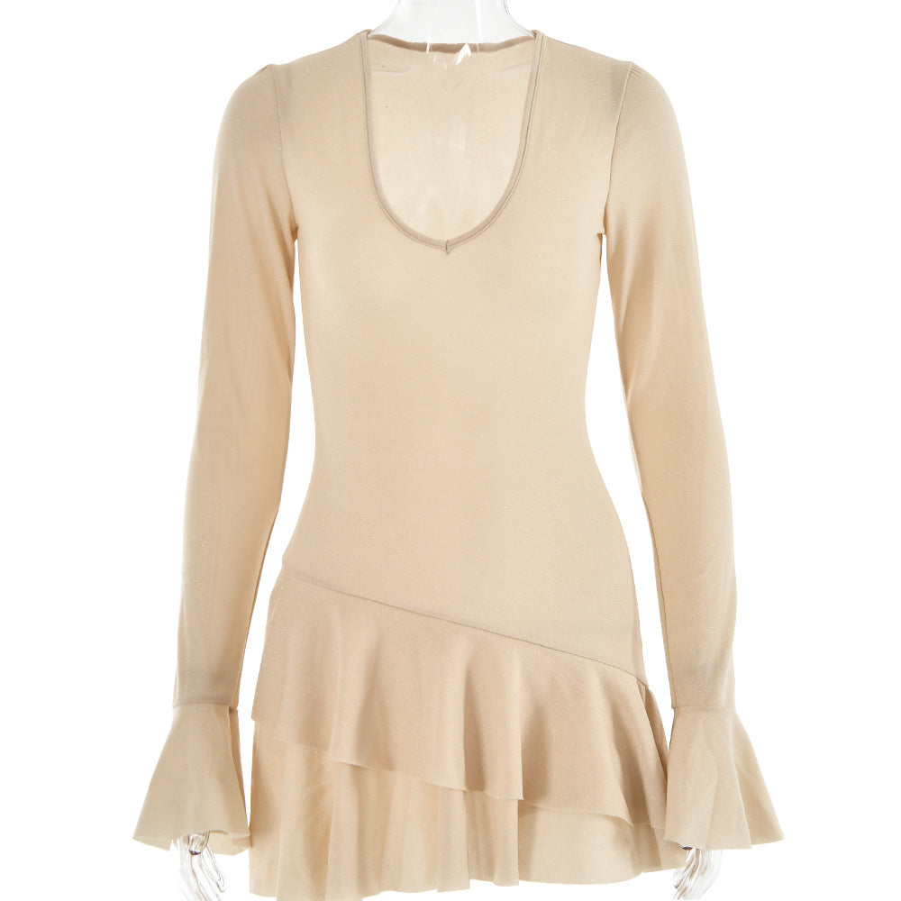 Vestido de otoño con escote en V profundo para mujer, mangas acampanadas, ajustado y sexy