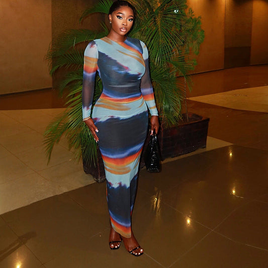 Printing Slim Fit Office Lady Sheath Dress round Neck Long Sleeve Length Dress Color Matching Painted Special Women Clothing