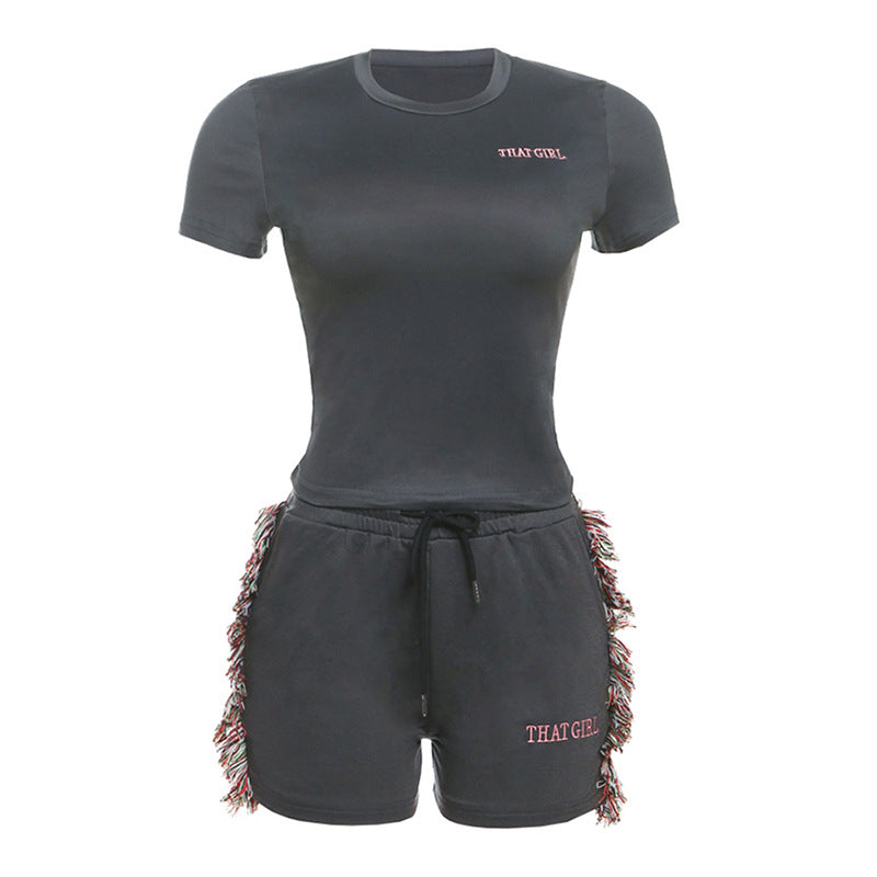 Conjunto de pantalones cortos ajustados y sexys de primavera y verano para mujer, con bordado de cintura alta y color liso