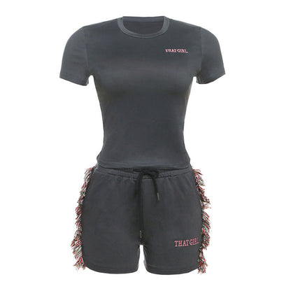 Conjunto de pantalones cortos ajustados y sexys de primavera y verano para mujer, con bordado de cintura alta y color liso