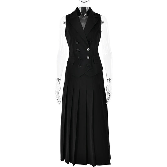 Conjunto de dos piezas de vestido plisado con chaleco sin mangas y falda larga elegante de otoño
