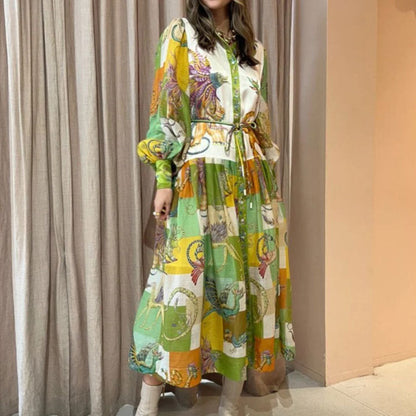 Vestido vintage con estampado de manga farol y cintura ajustada con dobladillo grande para mujer