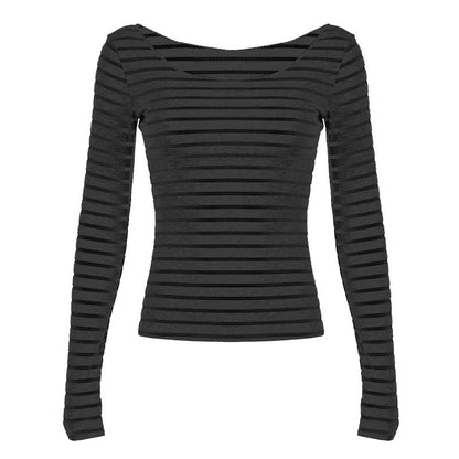 Blusa de manga larga, ligera, ajustada y a rayas con hombros descubiertos, sexy, sencilla, combinable y casual.