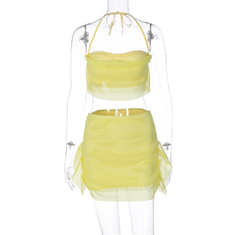 Conjunto de dos piezas de falda cruzada con costura de malla y pecho para mujer, ropa informal de verano