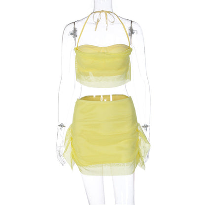 Conjunto de dos piezas de falda cruzada con costura de malla y pecho para mujer, ropa informal de verano