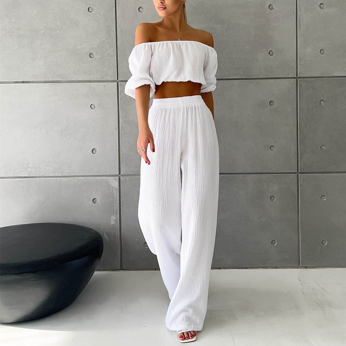 Traje informal de dos piezas para mujer, de verano, de algodón puro, color sólido, con cuello halter, manga corta, cintura alta, pantalones anchos y pierna.
