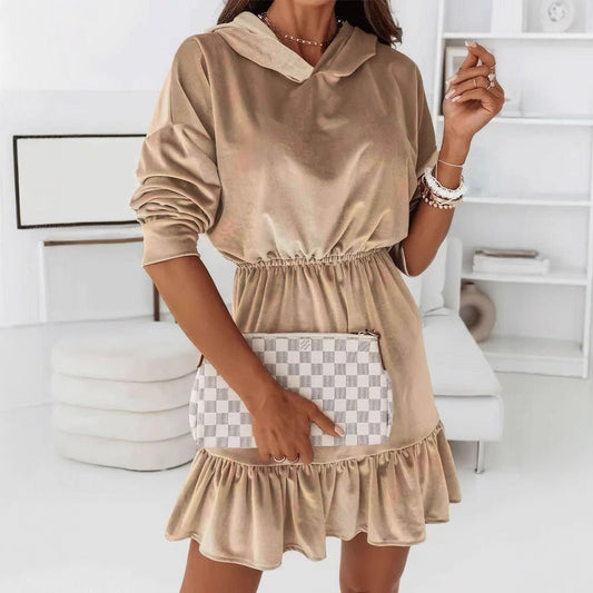 Winter Popular Gold Velvet Casual Hooded Dress