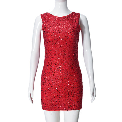 Vestido sexy sin mangas con lentejuelas y espalda descubierta para mujer
