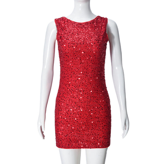 Vestido sexy sin mangas con lentejuelas y espalda descubierta para mujer
