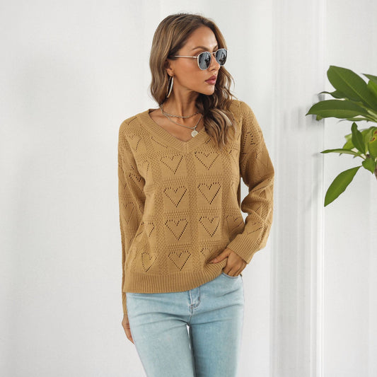 Suéter a cuadros con forma de corazón recortado y hueco para mujer, suéter holgado de manga larga para otoño e invierno.