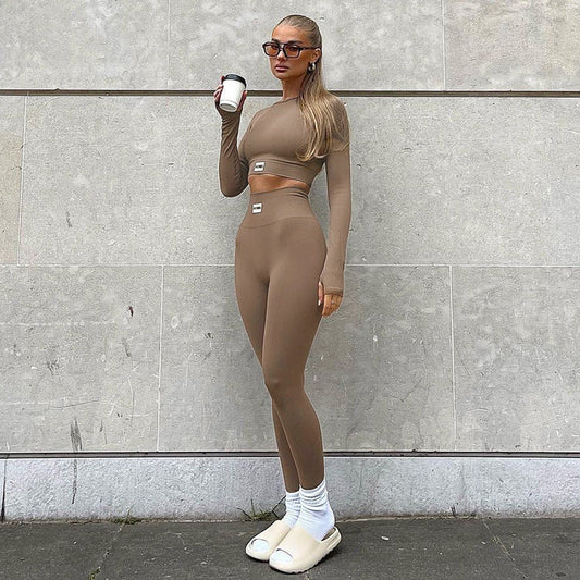 Solid Color Tight Letter Graphic Zhang Zi round Neck Long Sleeve Short Top High Waist Skinny Trousers Sports Yoga Two Piece Set