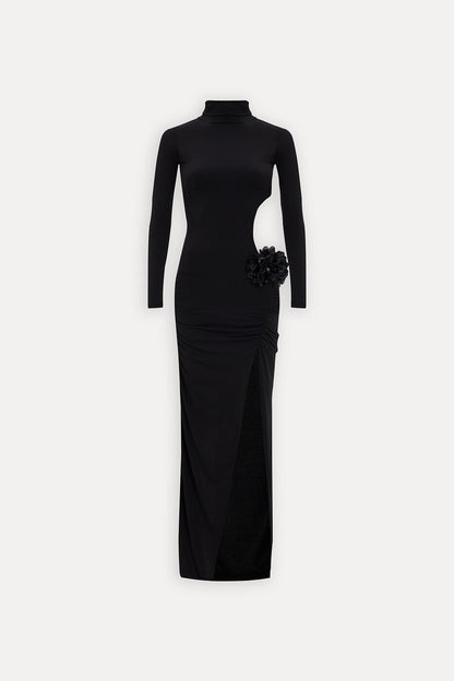 Vestido de noche elegante con cuello alto y estampado floral tridimensional para mujer, vestido de alta sociedad con aberturas y escote alto.