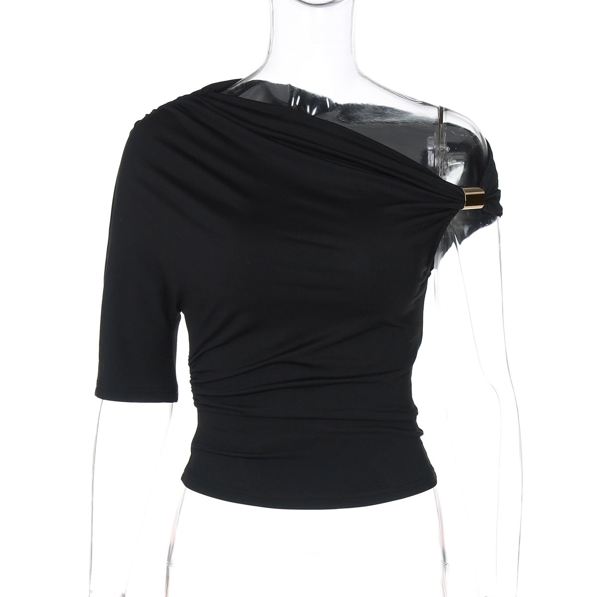 Camiseta ajustada asimétrica con pliegues y hombros descubiertos para mujer, color liso, de manga corta