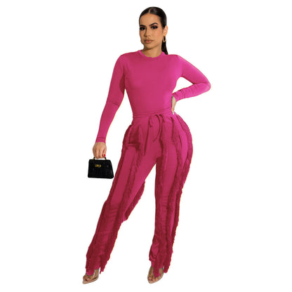 Conjunto de dos piezas formado por mono y pantalón de encaje con borlas para mujer, color liso, deportivo, para otoño e invierno