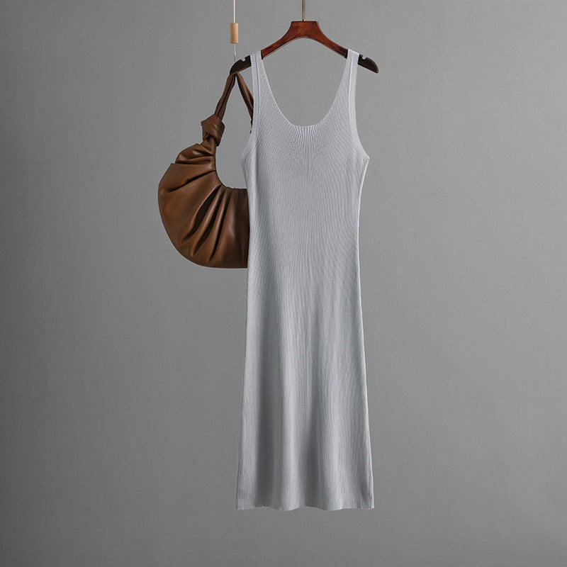 Vestido maxi sexy de punto con tirantes, de verano, de color liso, con abertura en la espalda