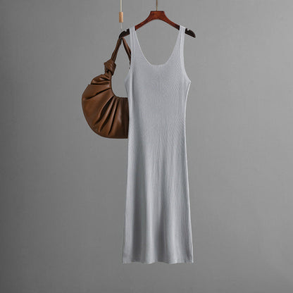 Vestido maxi sexy de punto con tirantes, de verano, de color liso, con abertura en la espalda