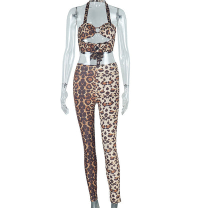 Conjunto de dos piezas de pantalones con tirantes y estampado de leopardo para mujer