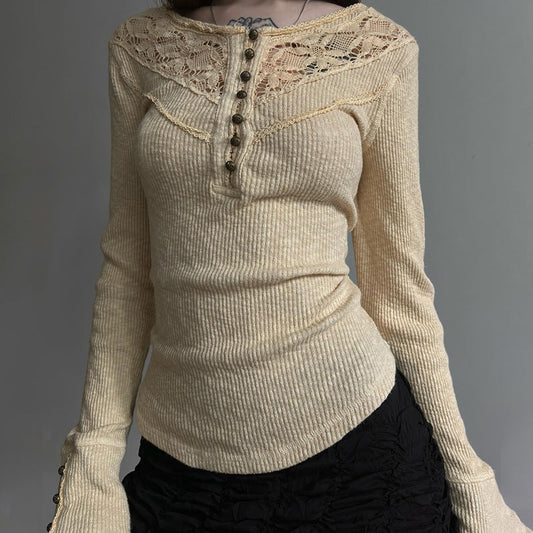 Camiseta de manga larga ajustada con cuello redondo y pespunte de encaje para mujer, ropa de otoño e invierno