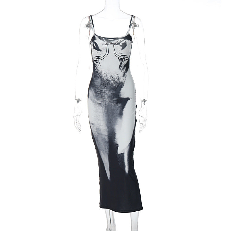 Vestido ajustado con escote en V y tirantes para mujer, otoño e invierno, con abertura alta