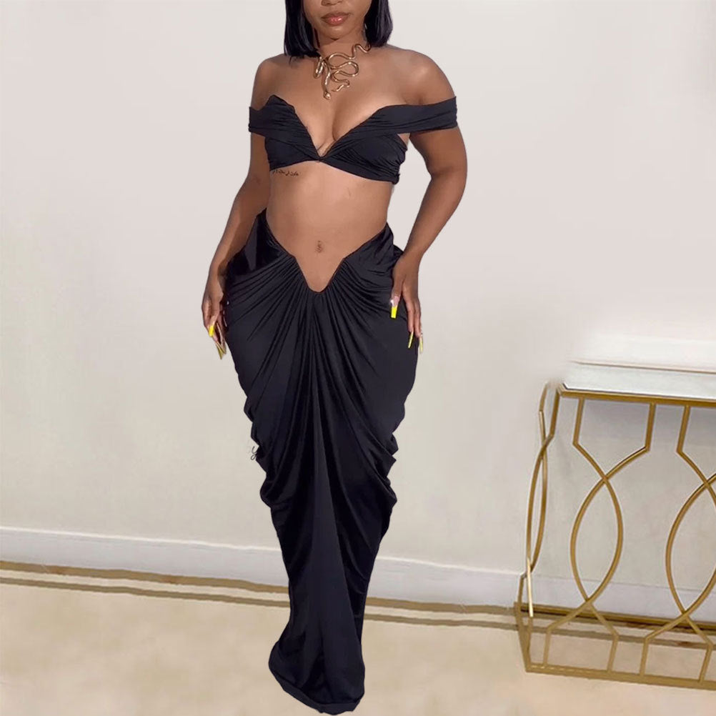 Conjunto de dos piezas de top de tubo sin mangas sexy, falda plisada ajustada y elástica