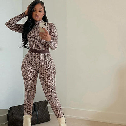 Ropa de mujer, pantalones estampados de calle, cuello redondo, manga larga, pantalones de cuerpo entero, mono deportivo para mujer