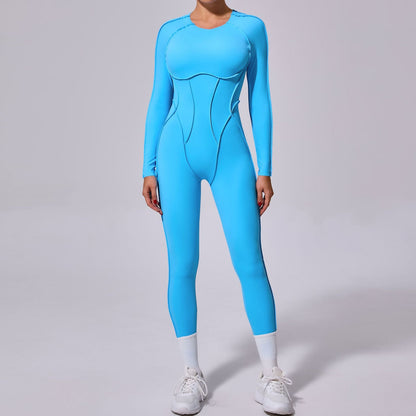 Mono deportivo de yoga de una pieza de otoño e invierno con espalda descubierta y pantalones ajustados de manga larga.