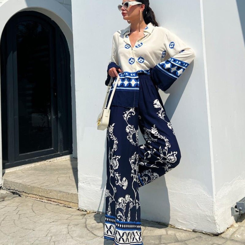 Conjunto de dos piezas de top holgado de manga larga con estampado de posicionamiento para mujer, pantalones de pierna ancha