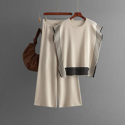Traje de mujer de rayas de retazos con cuello redondo, vestido suelto de dos piezas de suéter de punto, pantalones rectos de cintura alta y pierna ancha