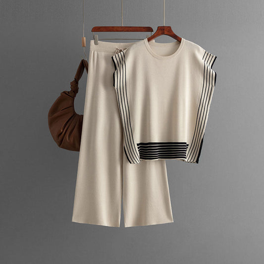 Traje de mujer de rayas de retazos con cuello redondo, vestido suelto de dos piezas de suéter de punto, pantalones rectos de cintura alta y pierna ancha