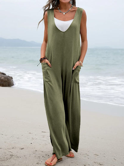 Mono con cuello en V y tirantes, pantalones de pierna ancha, pegatinas de colores sólidos, populares para mujer en verano