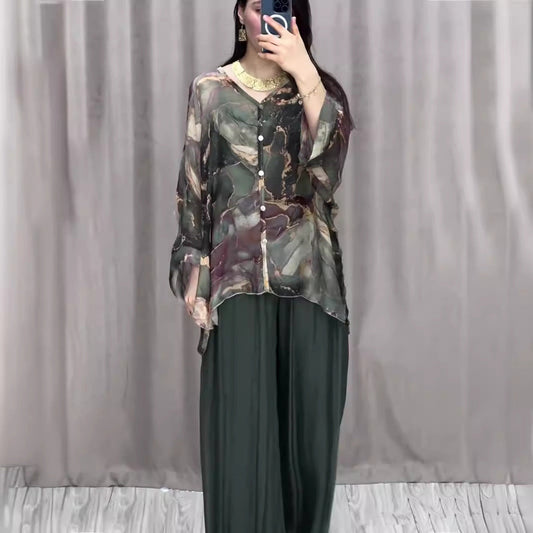 Camisa estampada pintada a mano de primavera, pantalones de pierna ancha, ropa de dos piezas para mujer