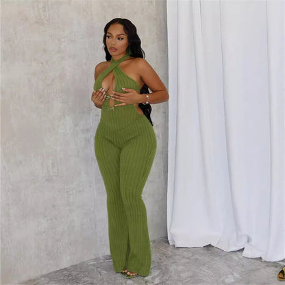 Mono de verano ajustado con cuello halter, encaje, espalda descubierta, sexy, pantalones acampanados, mono para mujer