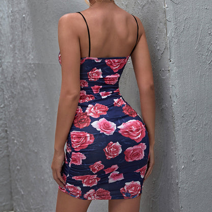 Vestido de mujer con estampado floral grande, fruncido, sexy, ajustado y tirantes