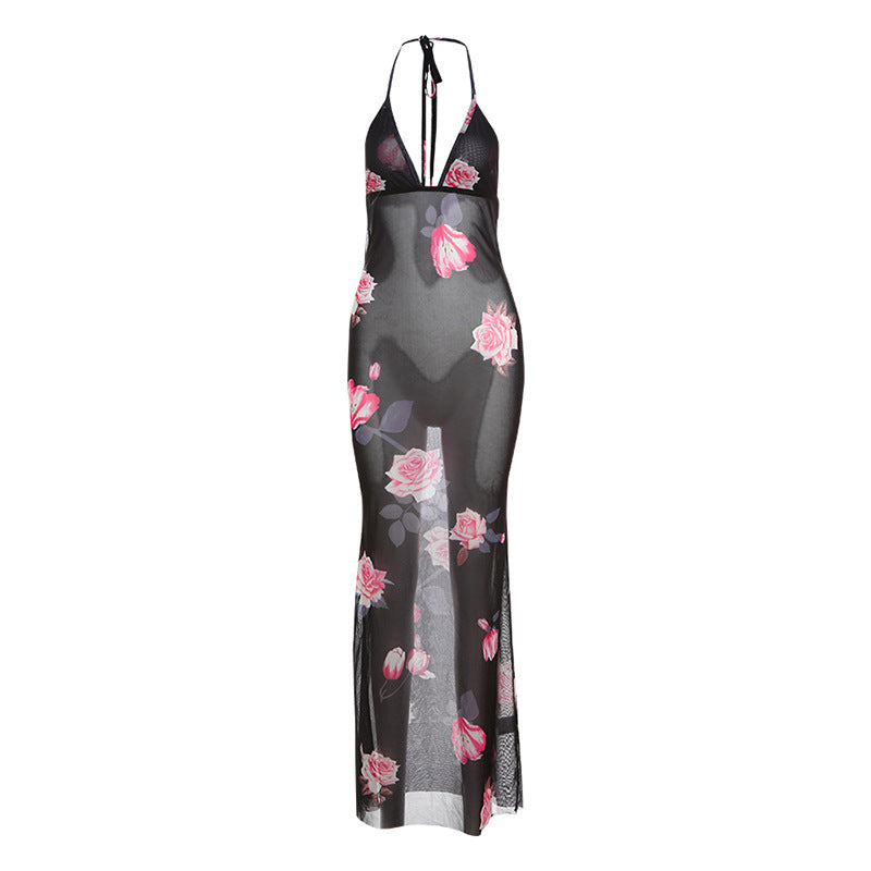Vestido de verano para mujer, sexy, con escote en V, espalda descubierta, estampado personalizado y elegante, con cuello halter y cordones