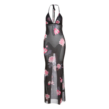 Vestido de verano para mujer, sexy, con escote en V, espalda descubierta, estampado personalizado y elegante, con cuello halter y cordones