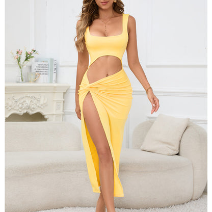 Vestido maxi de mujer con tirantes, color liso, calado, recortado, sexy