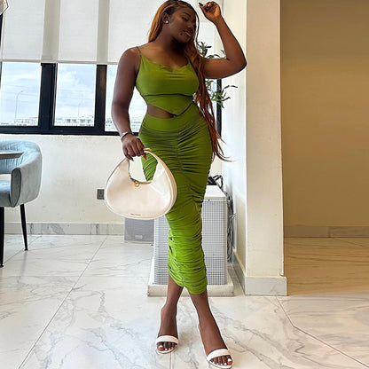 Traje de dos piezas informal de color sólido con tirantes pequeños y sexy para mujer