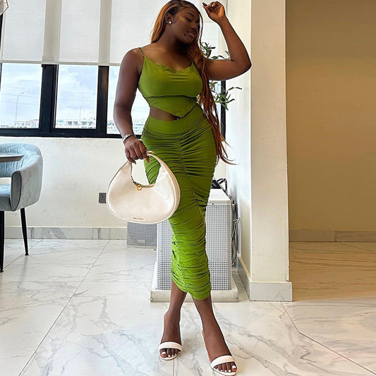 Solid Color Sexy Sling Small Tank Top Hip Casual Two Piece Suit Women