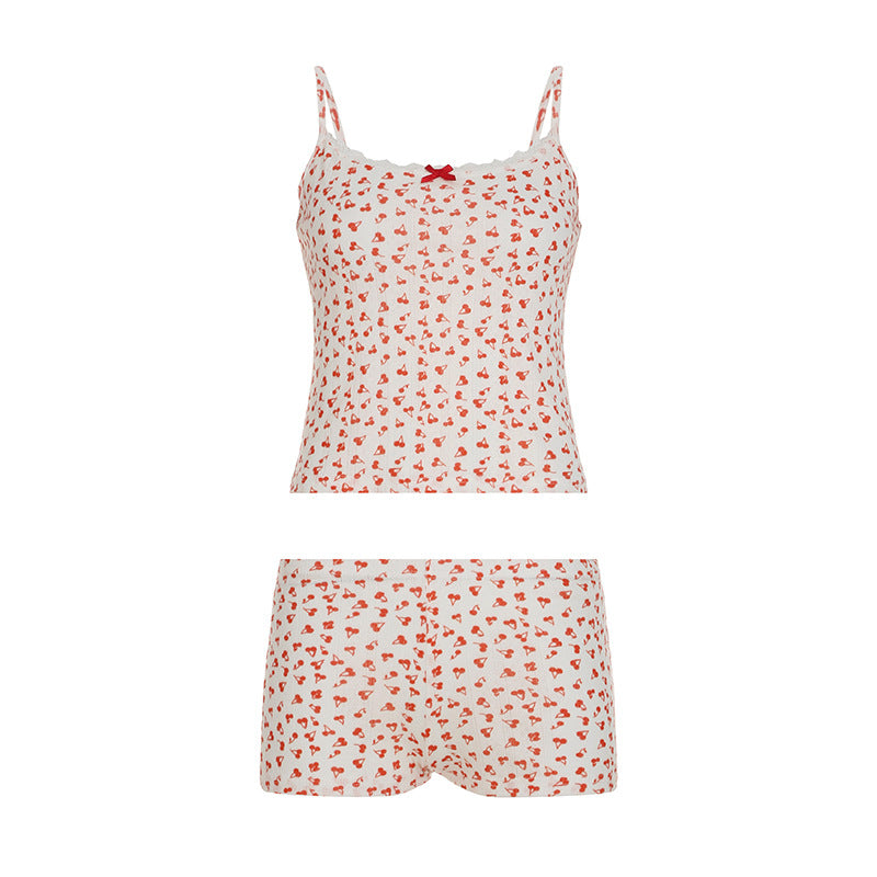 Conjunto de dos piezas de pijama de niña con encaje y costuras con estampado de cerezas