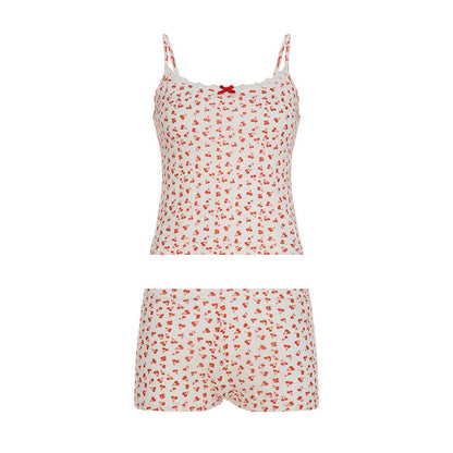 Conjunto de dos piezas de pijama de niña con encaje y costuras con estampado de cerezas