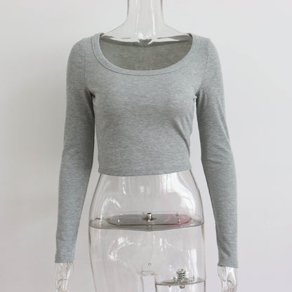 Top corto de canalé de manga larga con cuello redondo grande para mujer, informal, sexy, para otoño e invierno, tejido de punto, top ajustado de calle