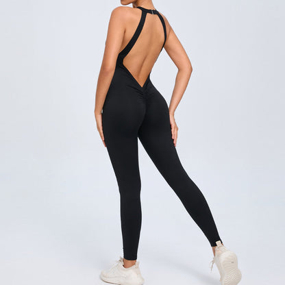 Mono de yoga con hebilla en la espalda para mujer, color melocotón, sin espalda, deportivo, de secado rápido, de una pieza, para fitness