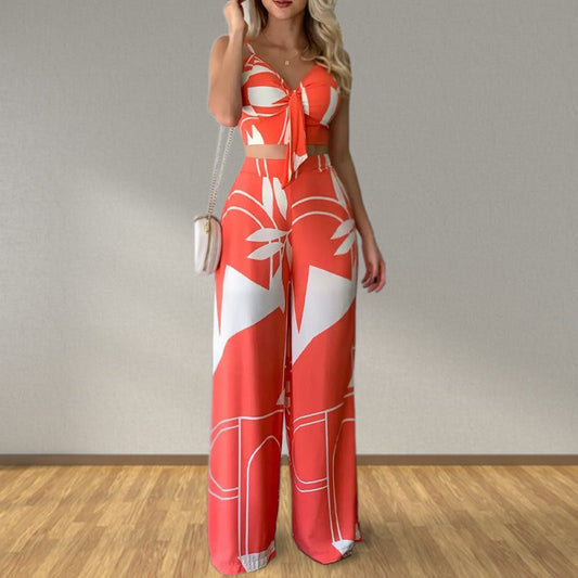 Conjunto de ropa de verano para mujer, top sexy de tubo con cordones, pantalones anchos y sueltos con estampado