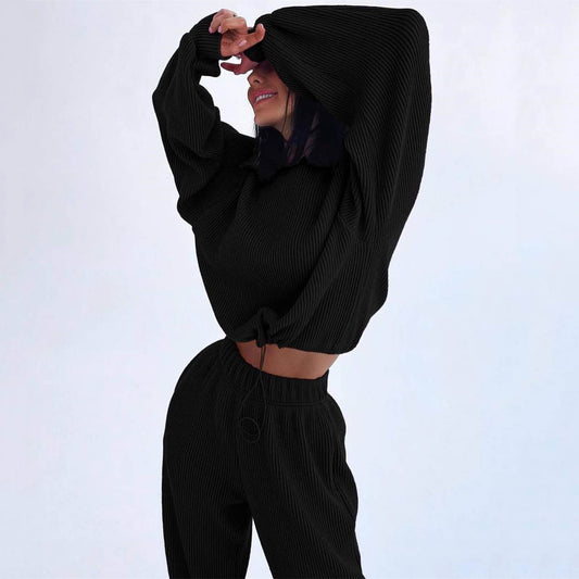 Conjunto de dos piezas de pana de color liso con cuello redondo y manga larga para mujer, pantalón informal, para otoño e invierno