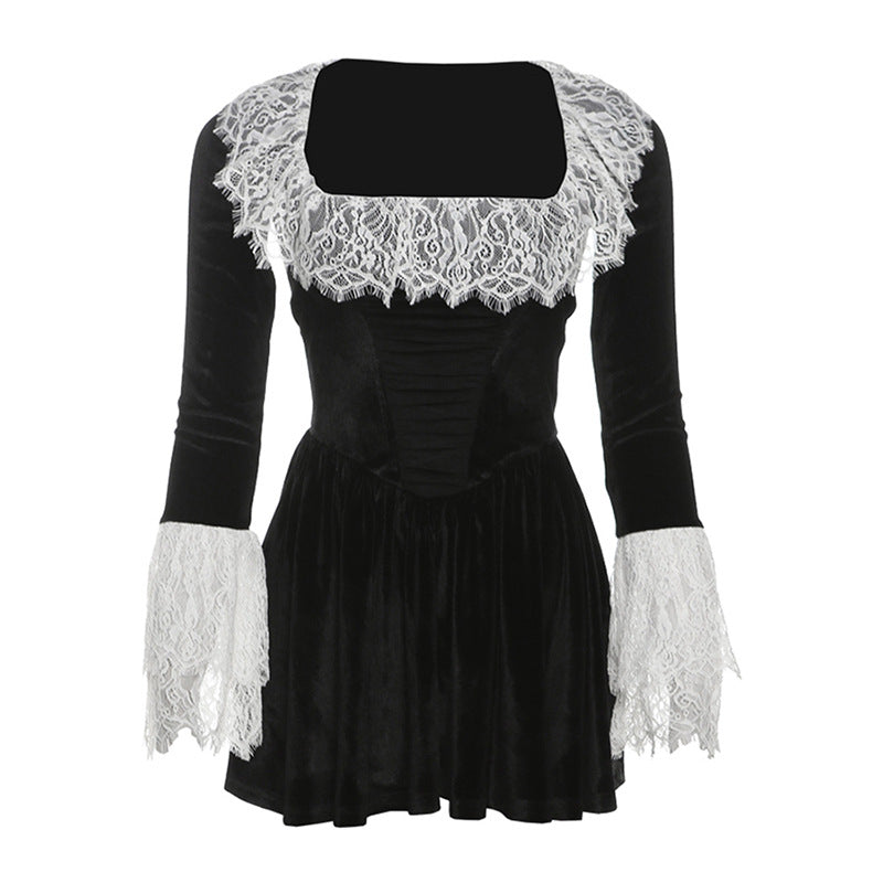 Vestido de mujer con cuello cuadrado francés y mangas acampanadas de encaje para otoño e invierno